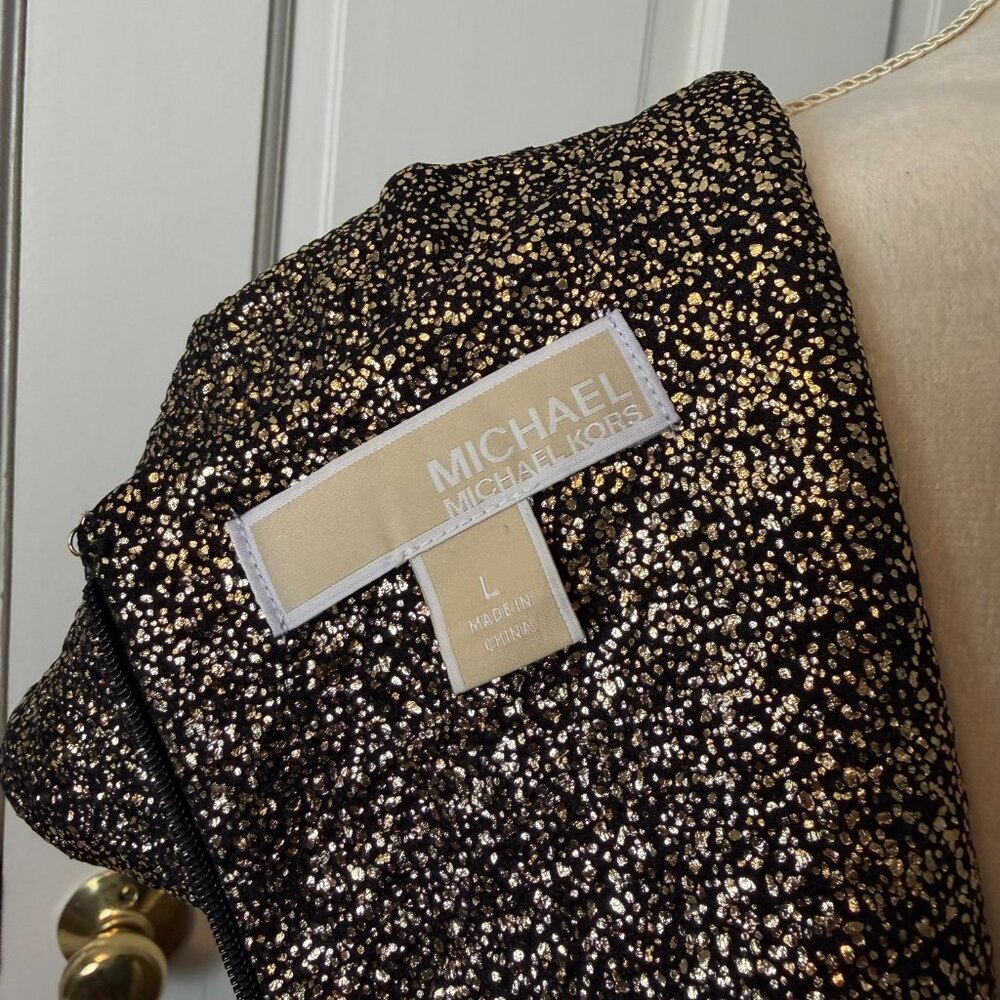 Michael Kors Metallic Black & Gold Flounce Hem Cap Sleeve Fit & Flare Dress, L - Picture 8 of 9